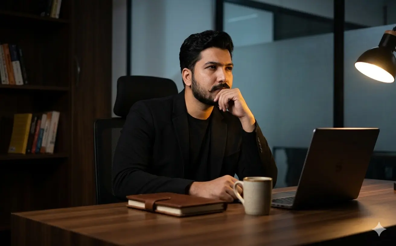Akshay Nigam working at his desk, reviewing a client growth audit